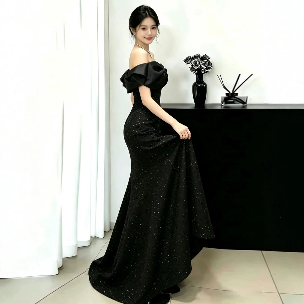 Black One-word Shoulder Waist Fish Tail Evening Dress Skirt Light Luxury Niche Host Temperament Art Test Performance Dress