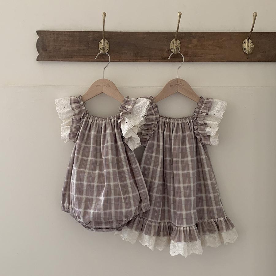 Jenny Children's Clothing Baby Clothes Summer Plaid One-piece Romper Girl Baby Lace Small Flying Sleeve Vest Climbing Clothing