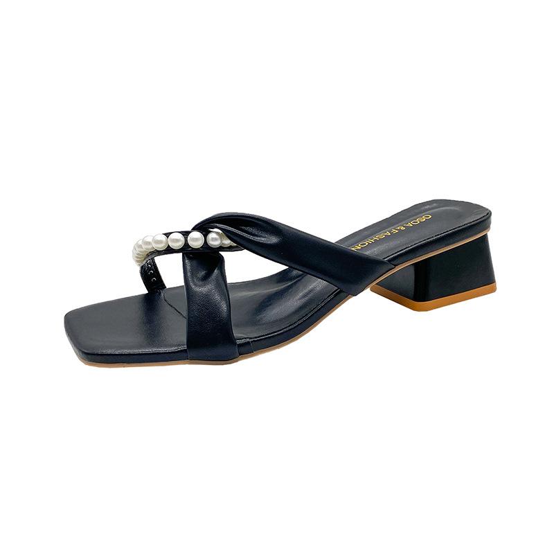 Sandals Summer 2025 Pearl Low-heeled Slippers Thick-heeled Versatile Fairy Wind Summer One-word Thick-heeled Sandals