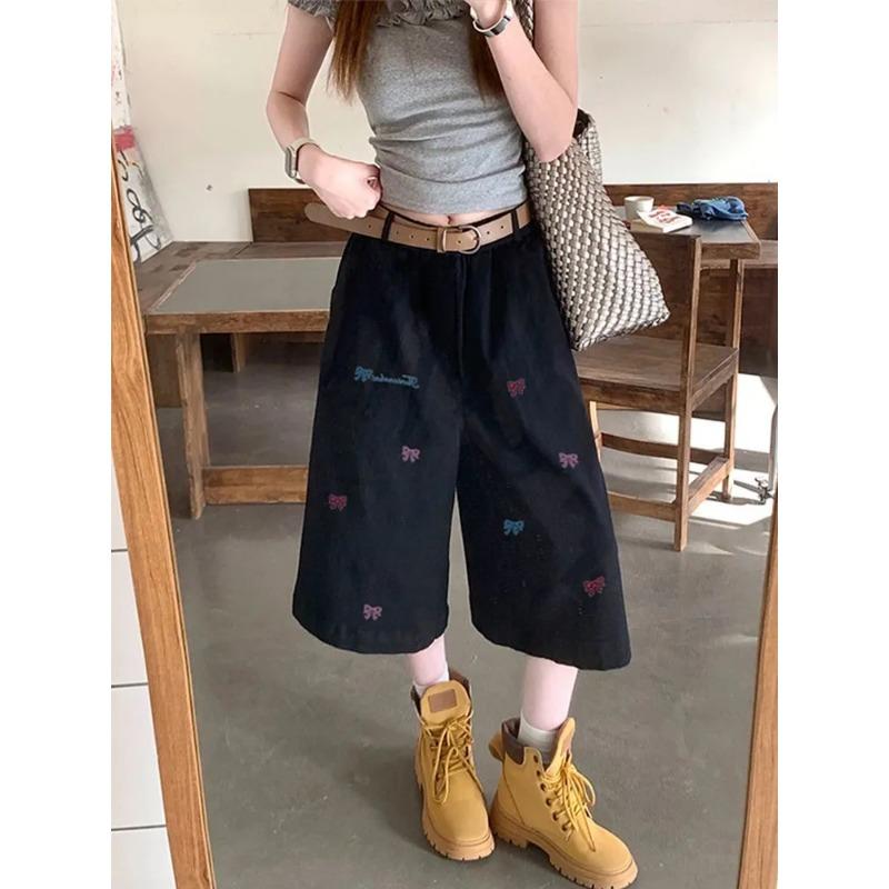 Neue Sommer Cropped Jeans Damen High Waist Vielseitig Locker Gerade Weiter Bein Shorts