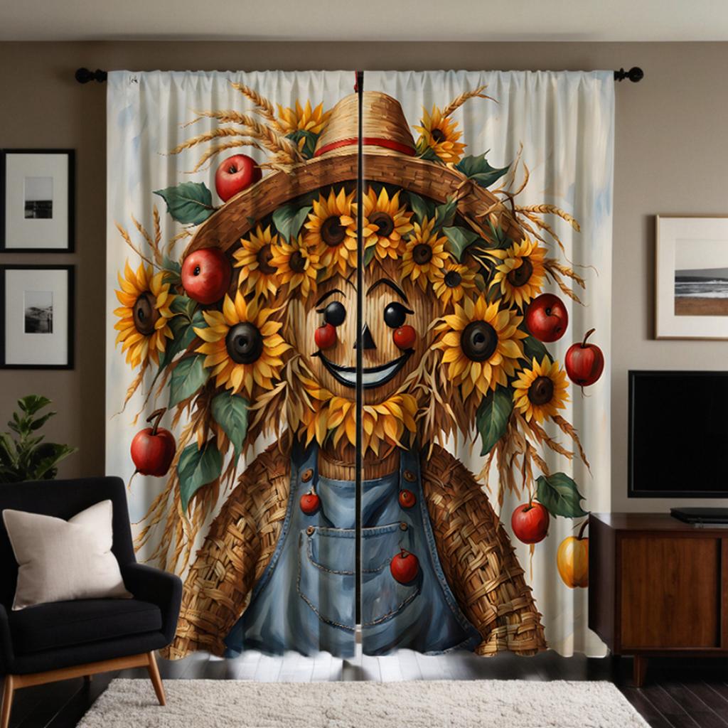 2pcs Set HD Thanksgiving Garland Scarecrow Decorative Curtain Yellow Tie Digital Printed Curtain Home Decor Style Decorative