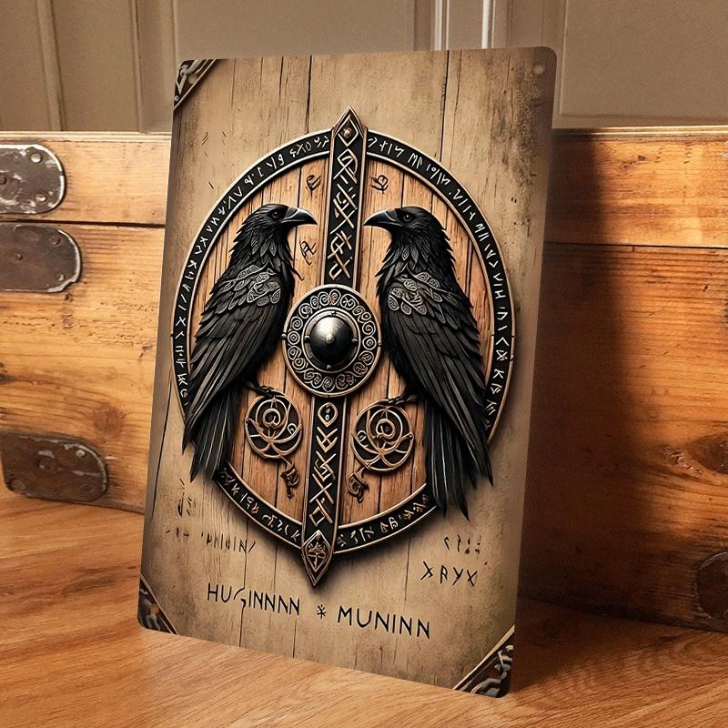 

1 piece of Norse mythology Odin, Raven, Hugin and Munin tin painting, vintage wood texture wall decoration, suitable for living (as the picture,20x30cm)