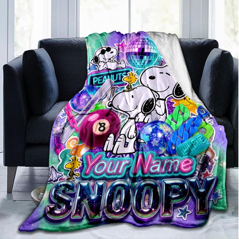 Custom Name Snoopy Flannel Fleece Blanket Cozy Warm Throw Blanket For Couch Bed Travel All Season Use
