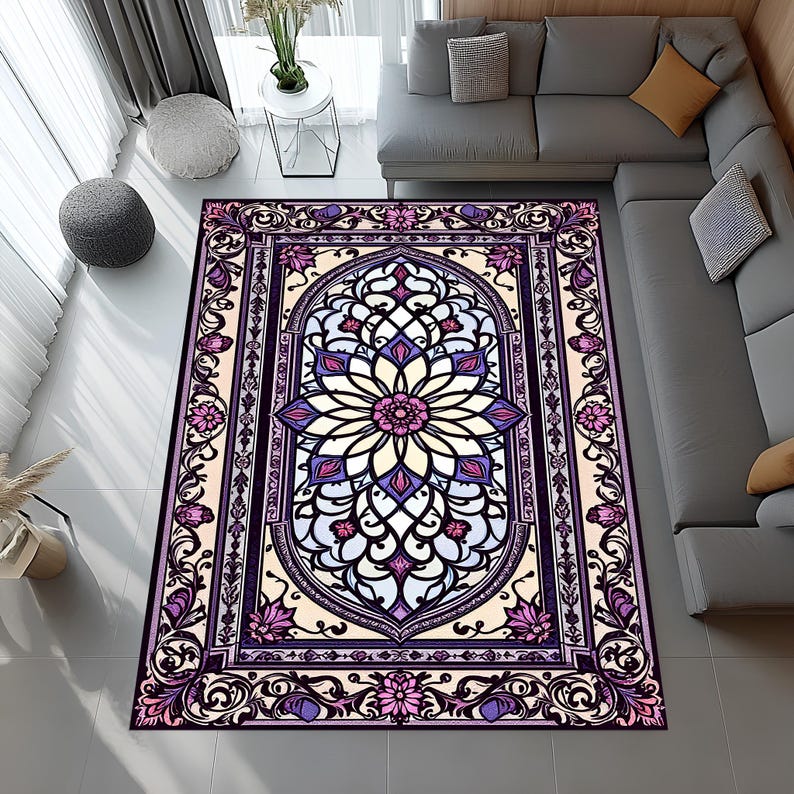 

Stained Glass Style Rug with Purple and Pink Floral Motif for Vintage Style Romantic Living Room or Artistic Bedroom Decor 60*90cm