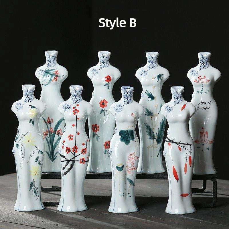Handmade Hand-Painted Ceramic Qipao Vase – Chinese Style Home Decor Ornament