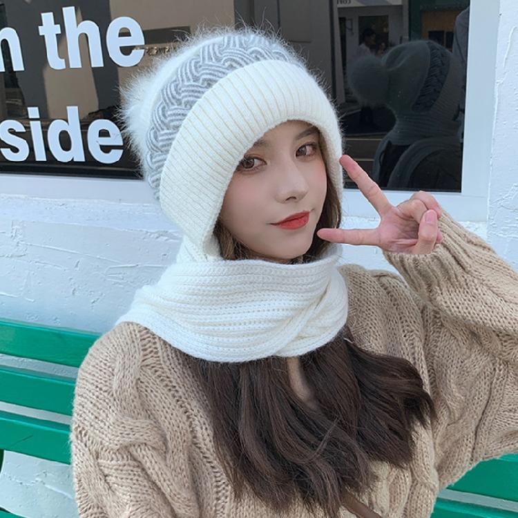 Women Korean Style Scarf Student Hat Integrated Earmuffs Cap Sleeve Plush Winter