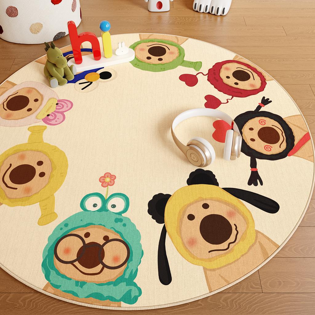 Cartoon Animals Pattern Round Carpet Bear Penguin Lion Print Floor Mat Cute Kids Room Decor Non-Slip Rug for Playroom Bedroom
