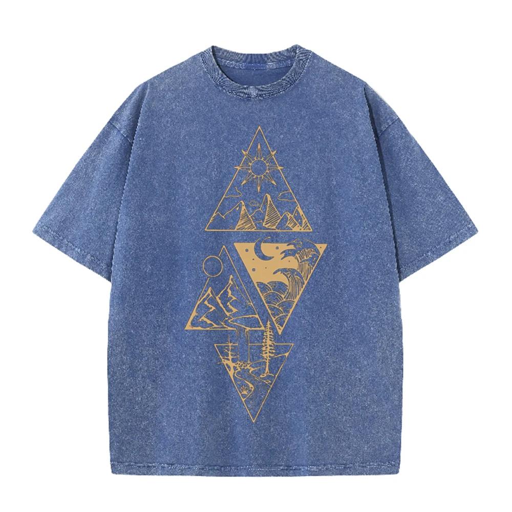 2026 Vintage Washed Black Triangle Mountain Wave Sun Moon Graphic T Shirt Nature Wilderness Line Print Oversized Casual Short Sl