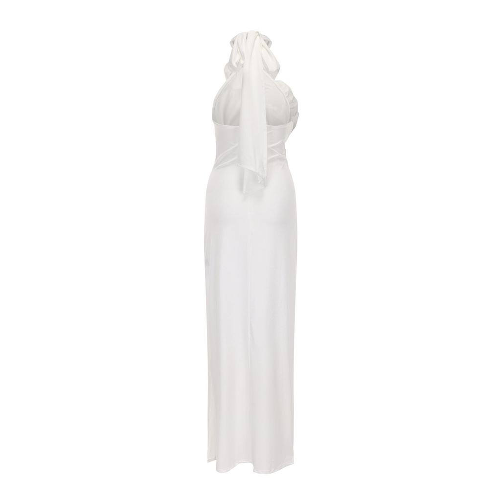 White Ribbon Floral Halter Long Red Evening Dress - European & American Style