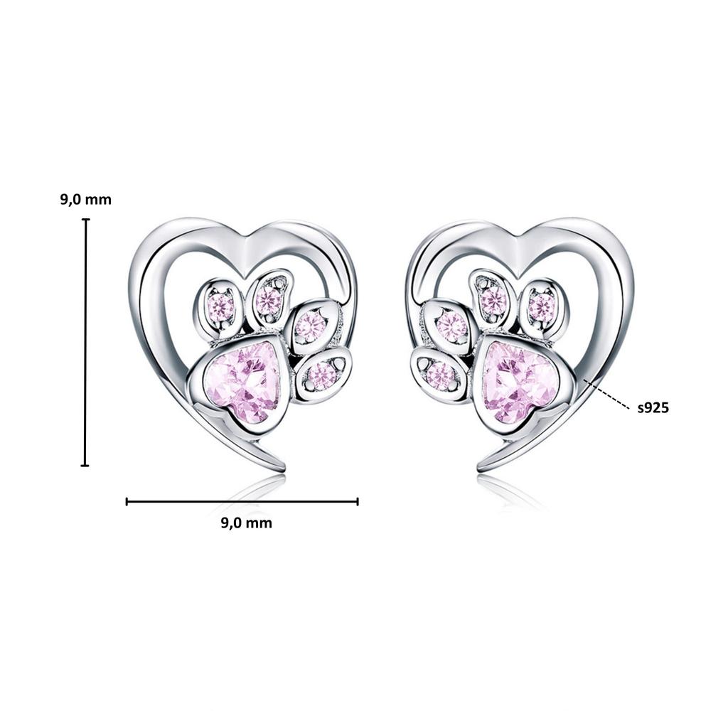Silver heart earrings with pink paws, 925 silver studs