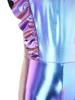 Girls Metallic Gloss Alien Cosplay Jumpsuit Ruffled Flying Sleeve Patchwork Back Invisible Zipper Leotard