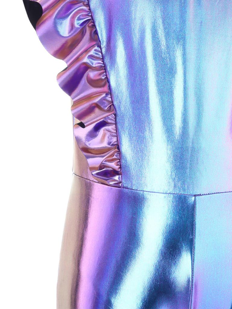 Girls Metallic Gloss Alien Cosplay Jumpsuit Ruffled Flying Sleeve Patchwork Back Invisible Zipper Leotard