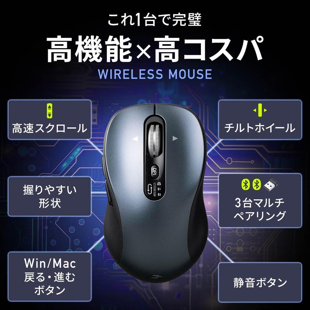 SANWA DIRECT Horizontal Bluetooth 5 OS Mouse, Scrolling, High-Speed Scrolling, Quiet, Wireless, Multi-Pairing, Rechargeable, Buttons, Back/Forward