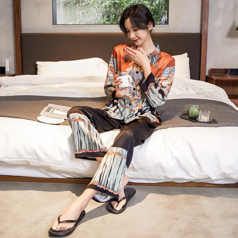 

Женские брюки из ледяного шелка с длинными рукавами, костюм из двух предметов, пижамы, модная летняя одежда для сна с принтом XXL чёрный