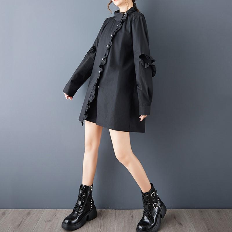 Long Sleeve Oversized Vintage Black Shirts & Blouses for Blouse Casual Loose Spring Autumn Tops Women Button Up Shirt