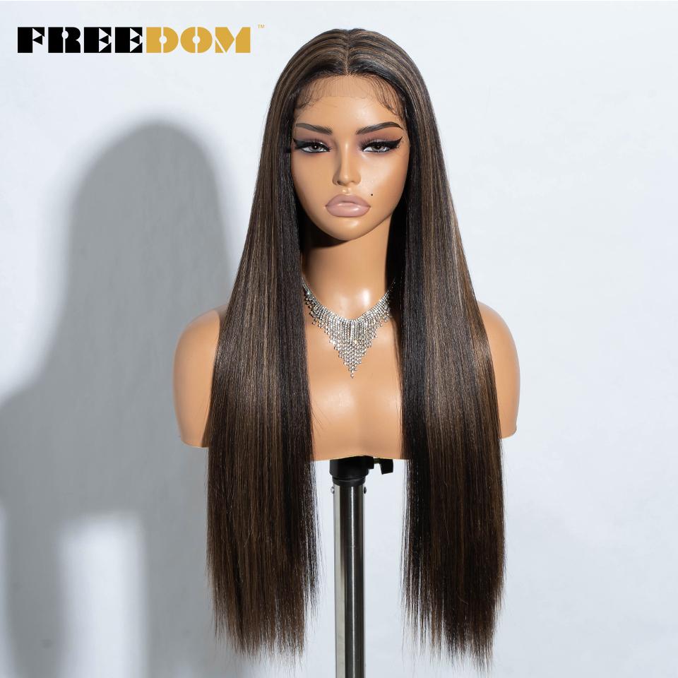 FREEDOM Long Straight Synthetic Lace Front Wigs For Women 30 Inch Ombre Blue Blonde Lace Wig Easy Wear Cosplay Wig