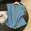 Women's Blue Linen V Neck Button Down Tank Top Casual Loose Fit Ruffle Trim Sleeveless Blouse