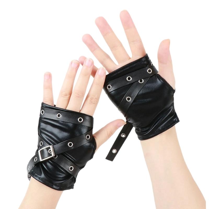 

Fingerless Punk Style Gloves Durable PU Leather For Motorcycle Outdoor Halloween Activity 1 чёрный