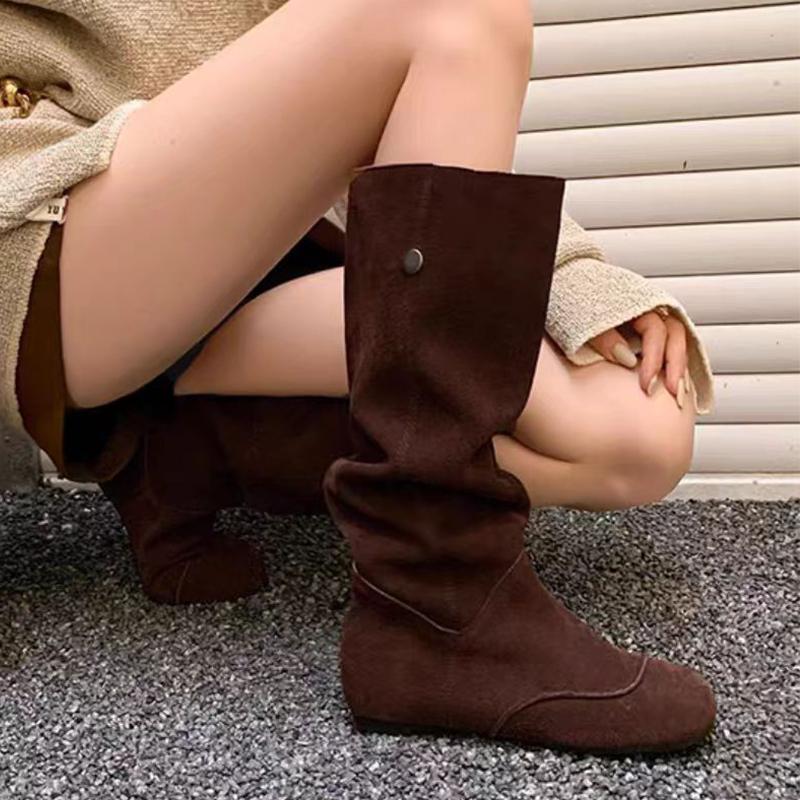 Flats Women's High Boots Fashion Knee High Suede Shoes  Chelsea Boots New Walking  Comfort Motorcycle Mujer De Botas