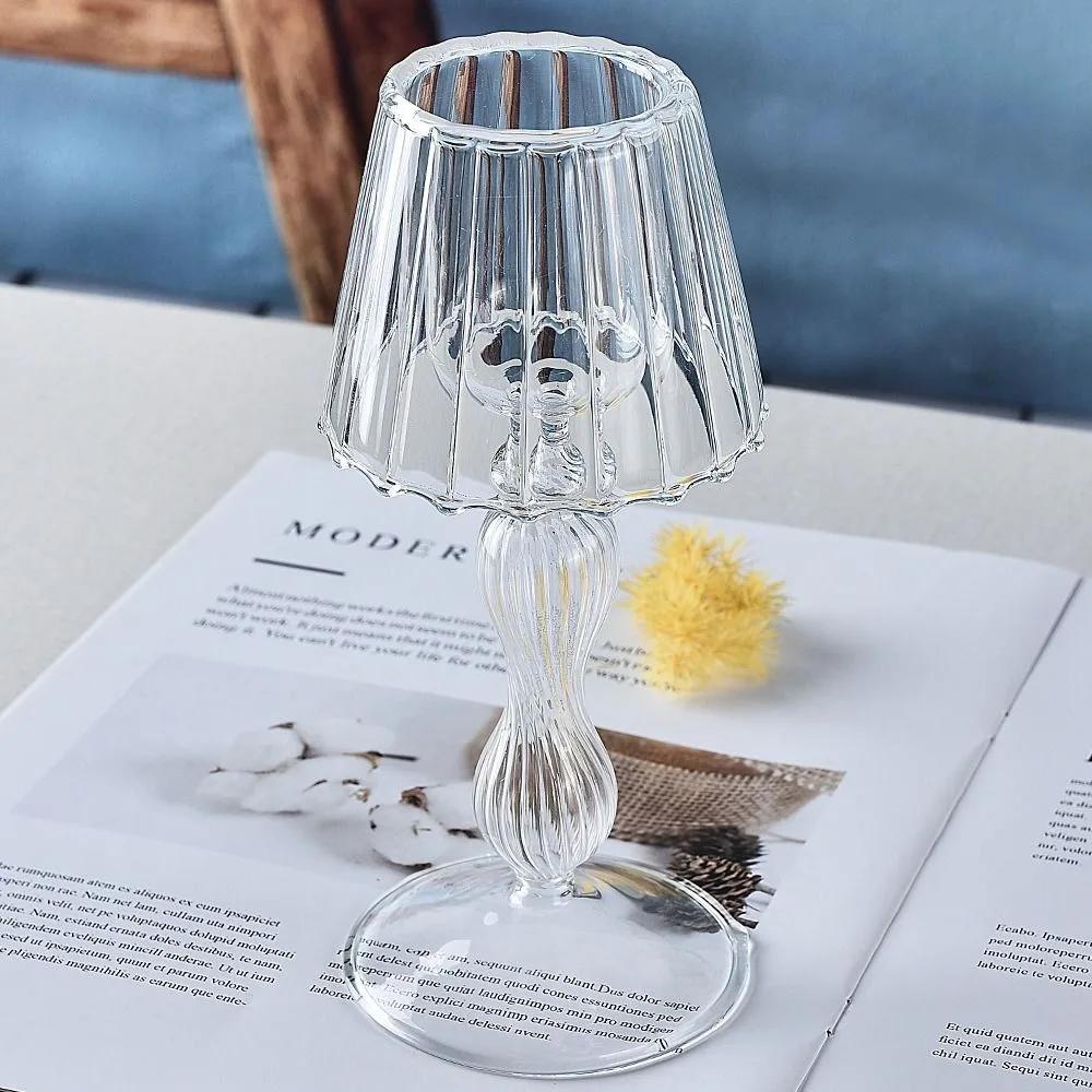 Glass High Footed Striped Candlestick Creative Art Lamp Shaped Candle Holder Romantic Delicate Craft Candelabra New Year