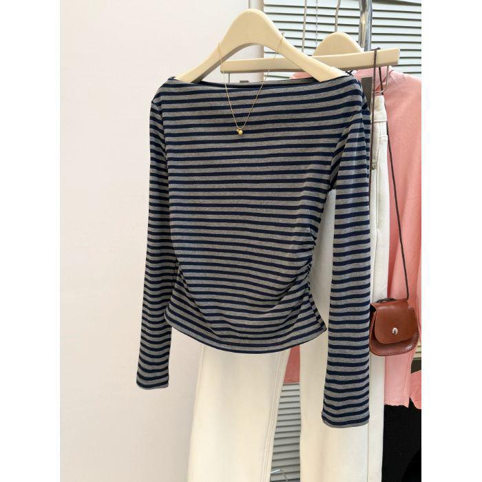 Женская полосатая футболка с одним плечом и длинным рукавом - 2025 Весна/Осень Приталенная Корейский стиль Базовый слой Верх S