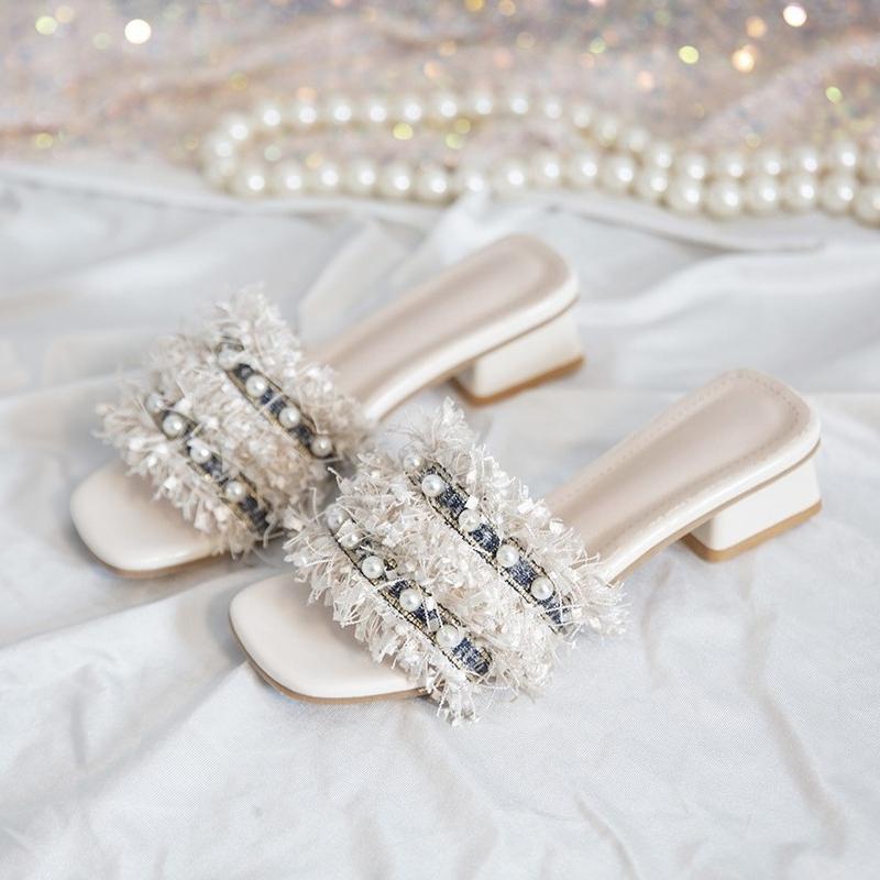 

New Block Heel Slippers for Women Summer Square Toe Open Toe Pearl Fashion Mid-heel Non-slip French Cool Mop 35
