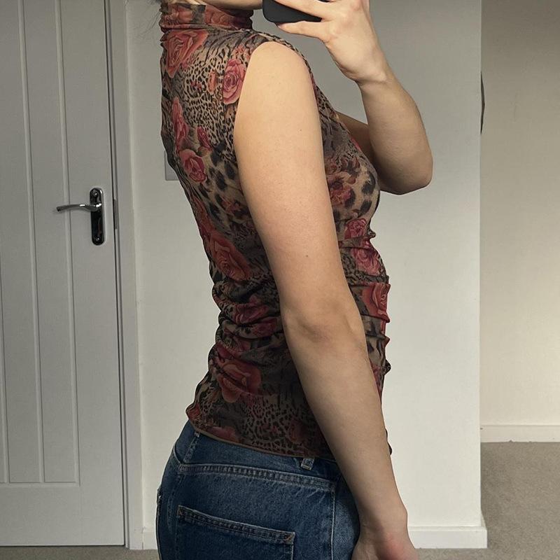 Women's Vintage Floral Print High Neck Sleeveless Spice Girls Street Clashing Colour Niche Pleated Waist Slimming Tank Top