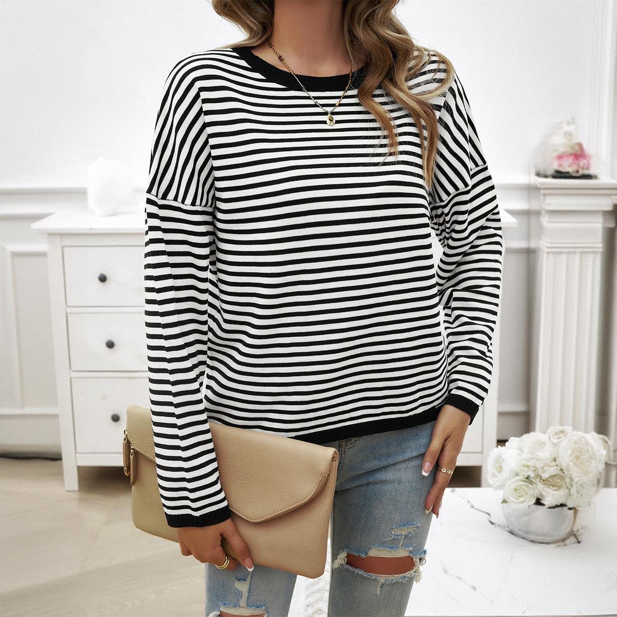 

Women s Winter Top Temperament Casual Round Neck Striped Sweater S чорний