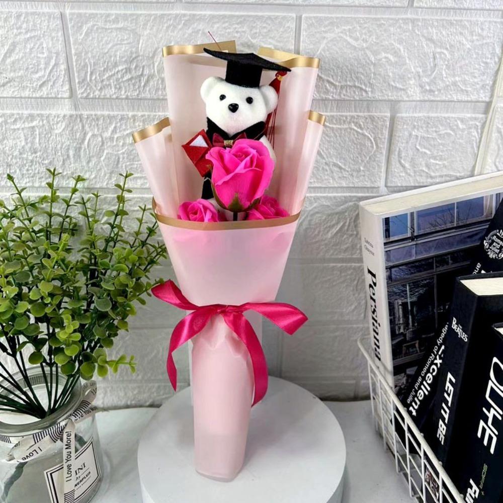 New Sunflower Bear Bouquet Bouquet Decoration Rose Sunflower Soap Flower Graduation Gift Valentine'S Day Cartoon Lovely Bear