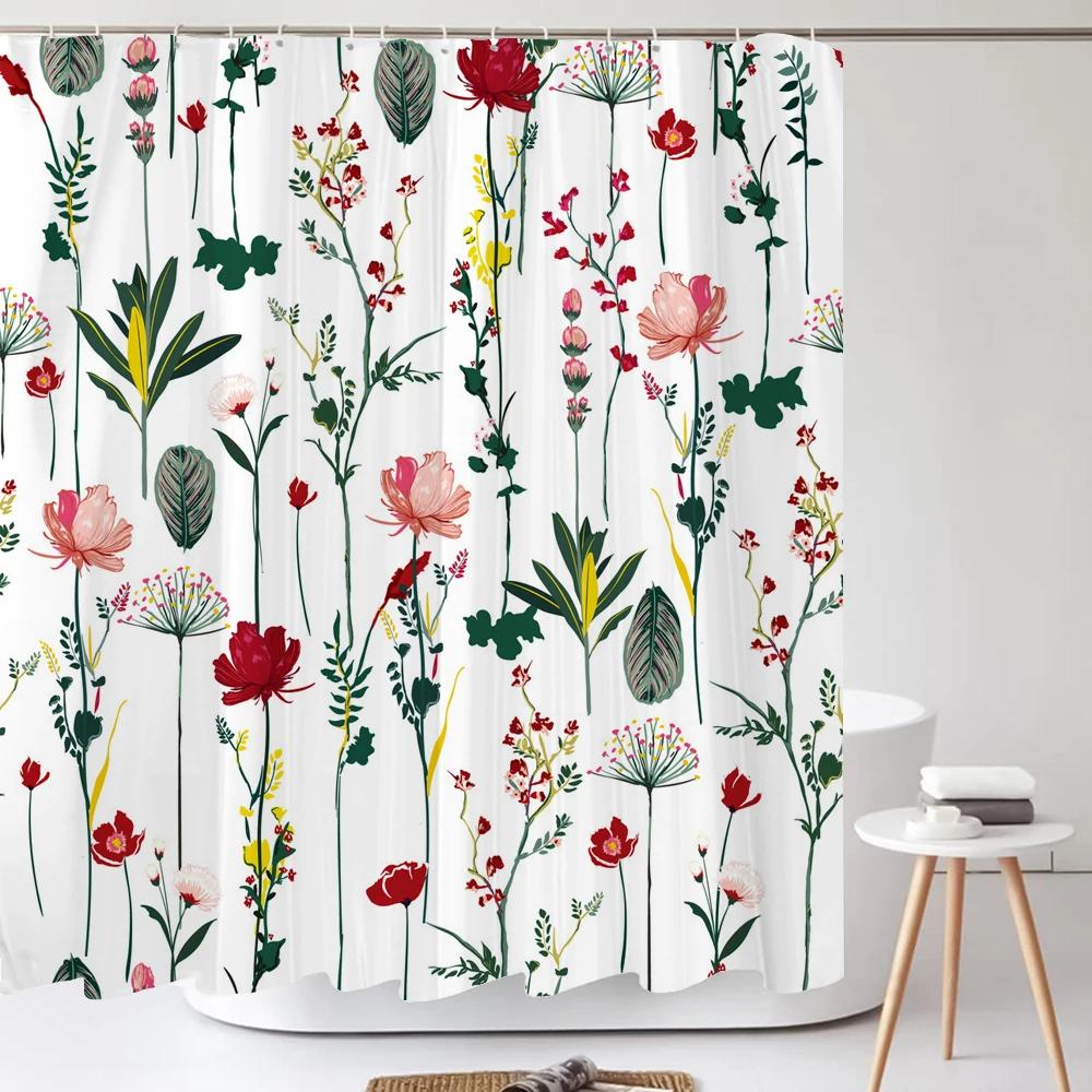 Watercolour Flowersleaves Shower Curtain Morden Art Floral Waterproof Fabric Bathroom Curtains Room Decor Curtain With Hooks