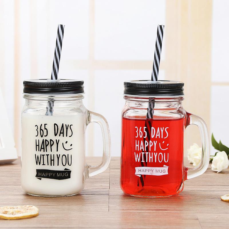 English Letter Straw Cup Creative Rooster Cup Fresh Home with Lid Glass Milk Tea Packaging Mason Cup
