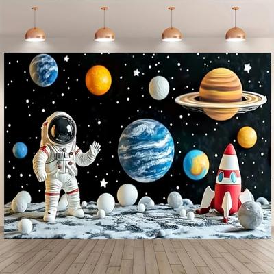 Cartoon Astronaut Outer Space Planet Background Cloth  Decoration Children's Birthday Party Baby Shower Banner Photography Props