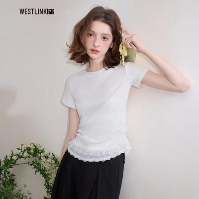 WESTLINK Women's Round Neck Short Sleeve Ballet Style Lace Trim Cropped T-Shirt