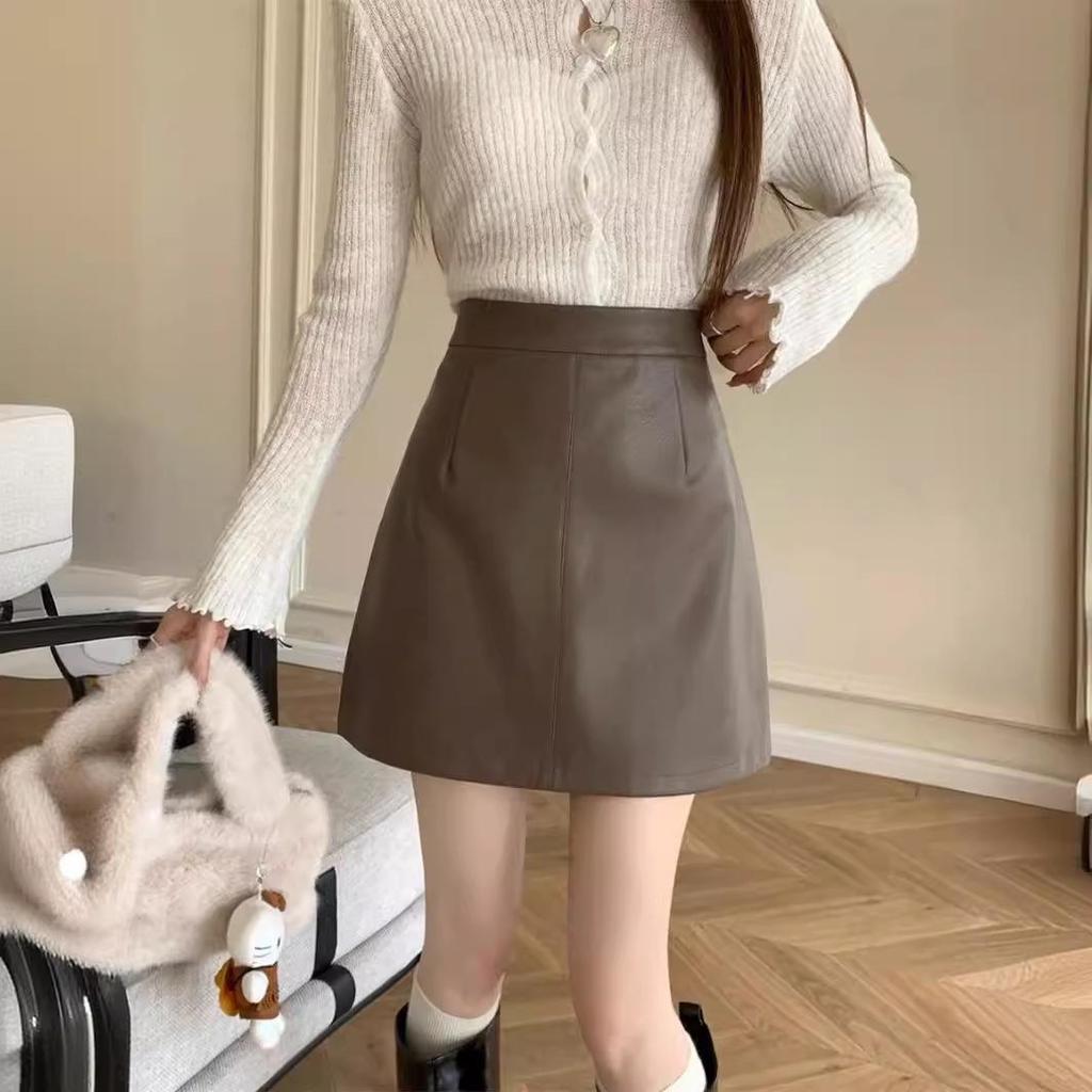 Chic Women's High-Waist A-line Leather Midi Skirt - Slimming & Versatile Spring Wear