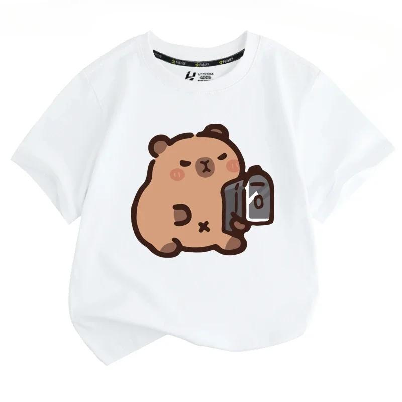 Capibala Cartoon Capybara King Cute Peripheral Short Sleeved T-shirt for Male and Female Students Short Sleeved