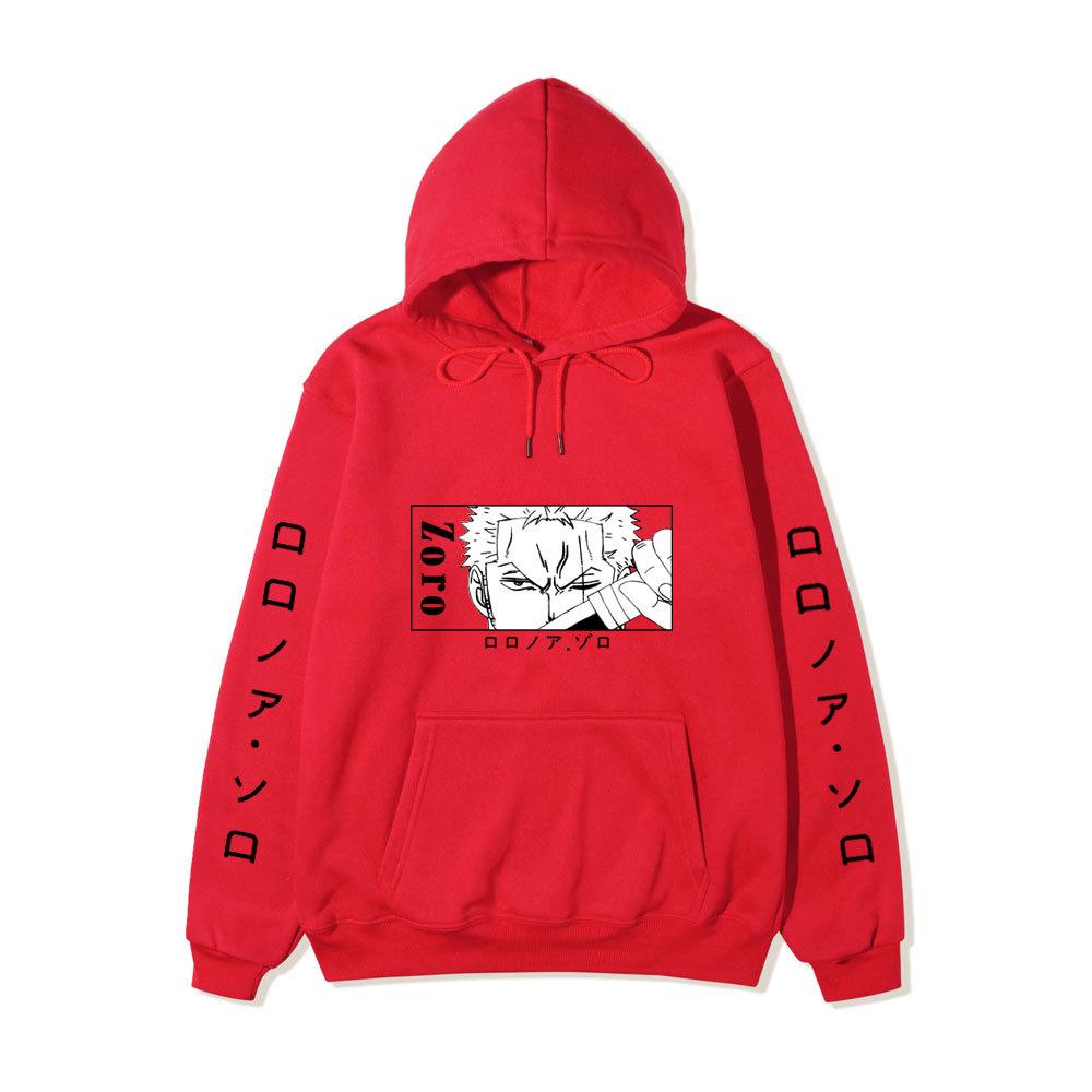 One Piece Hoodie, Roronoa Zoro Manga Graphic Japanese Letter Sleeve Print Pullover Sweatshirt Unisex Streetwear