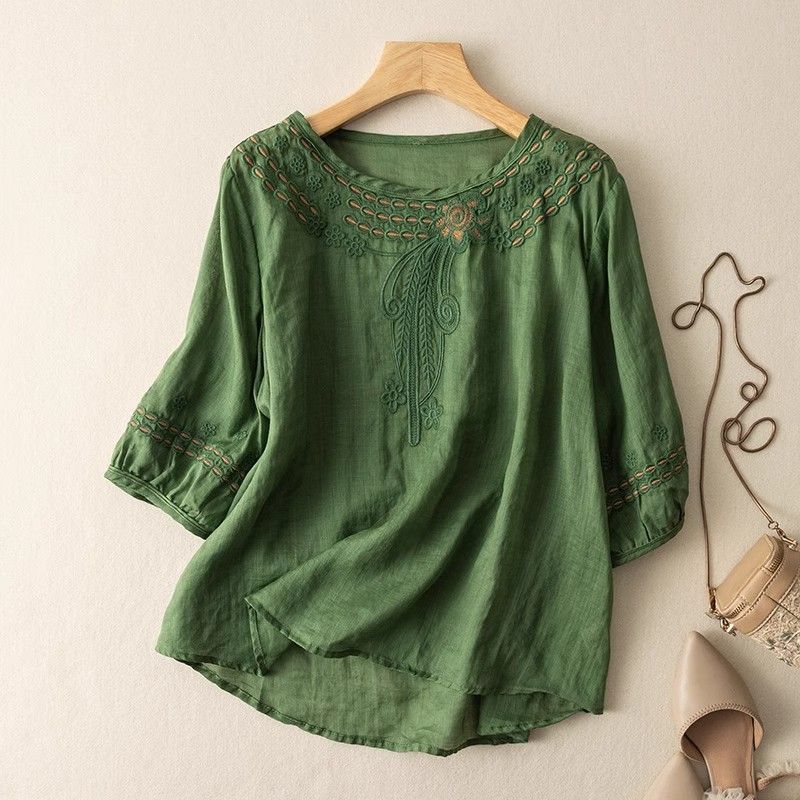 Summer Women Vintage Cotton and Linen Embroidery Round Neck Short Sleeved Chinese Style Large Size Loose Casual Tops
