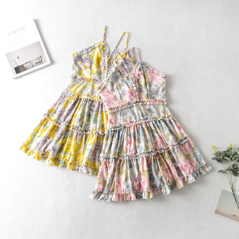 Women Floral Printing Boho Beach Dress Sling Straps Backless Ruffle Sundress V Neck High Waist Sexy Mini Vestidos Holiday Female