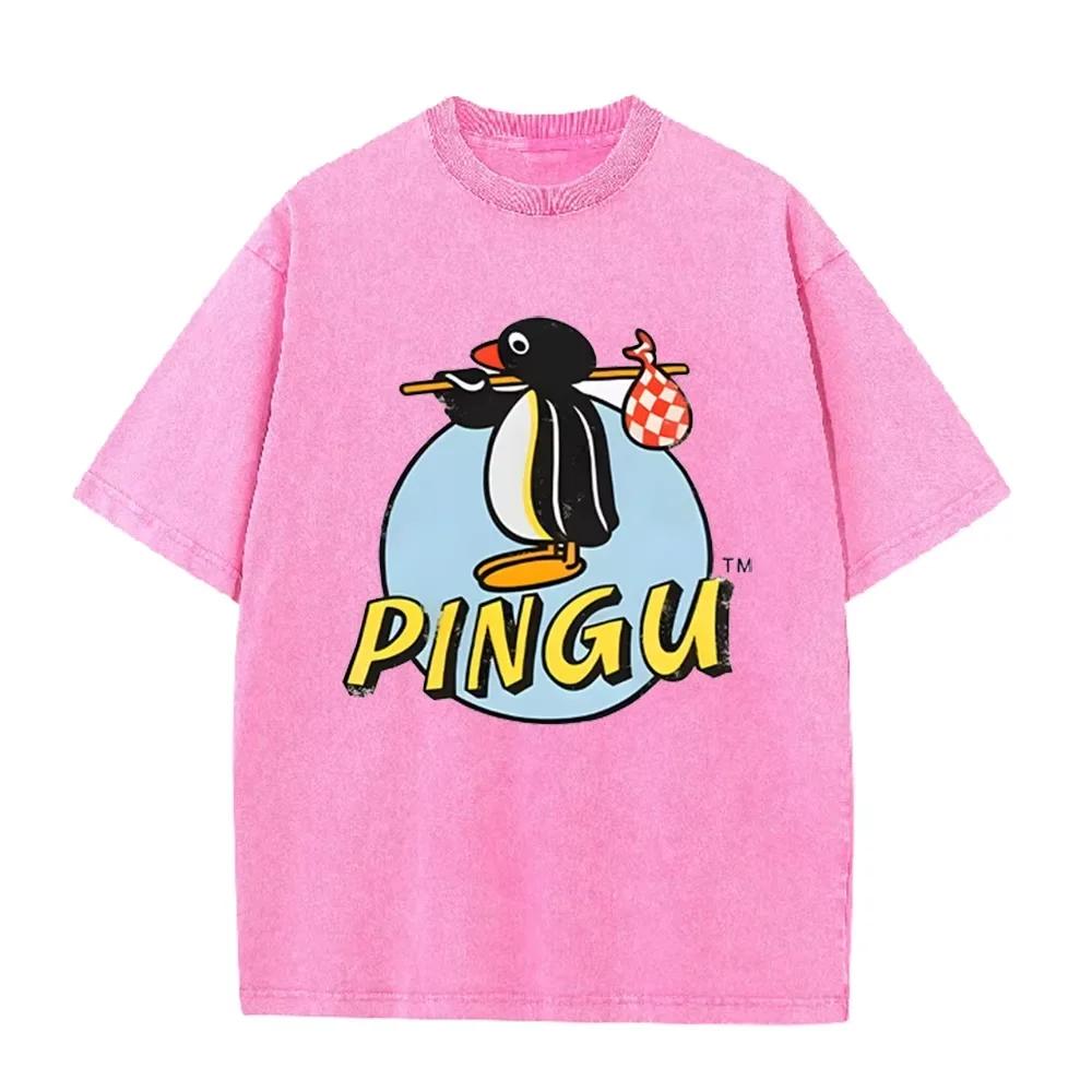 Funny Pingu the Penguin Cartoon Print Washed Beige Streetwear T Shirt