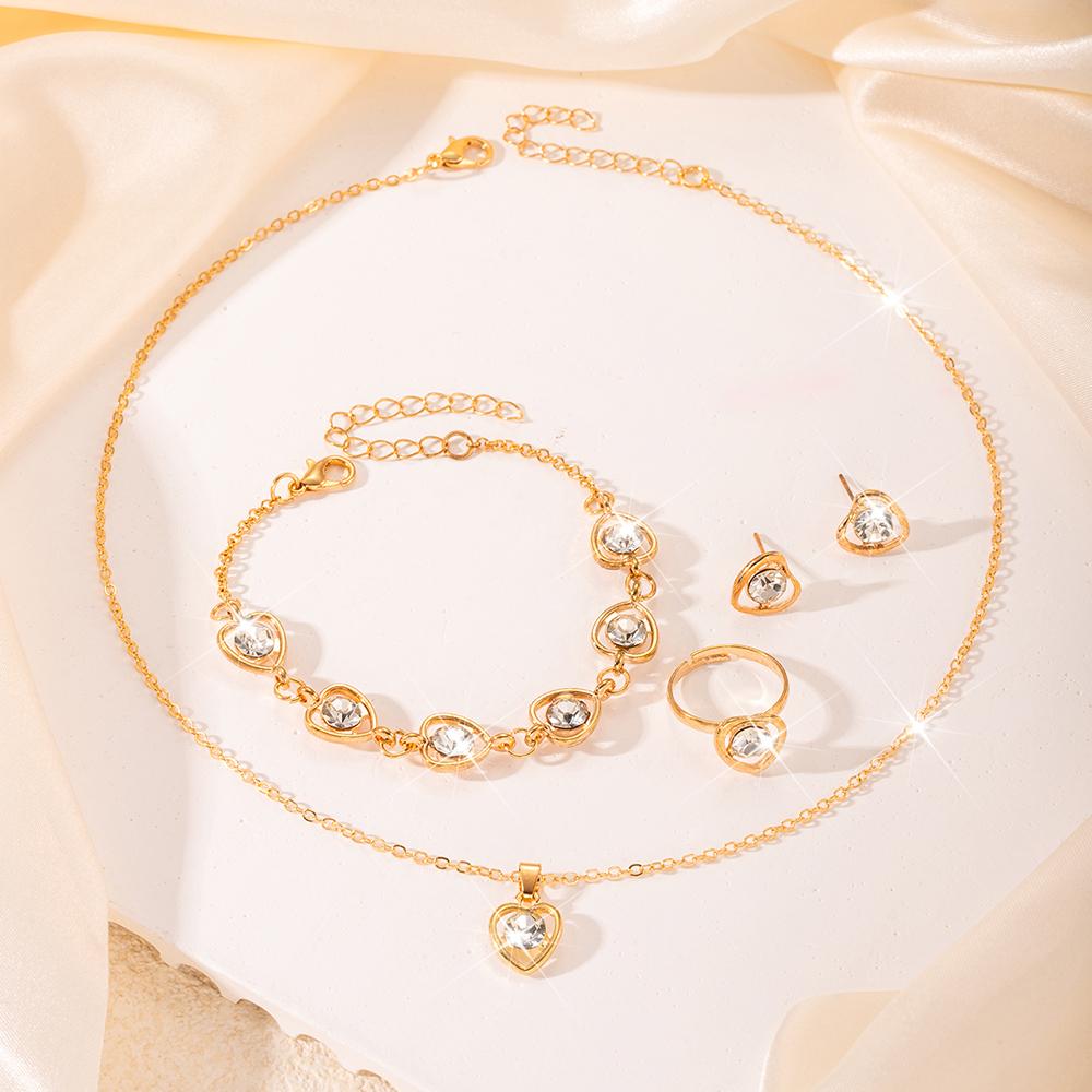 5pcs Women Zircon Set, Fashionable and Casual Heart Necklace, Bracelet, Ring, Earring Zircon Set, Suitable for Daily Wear, Gif