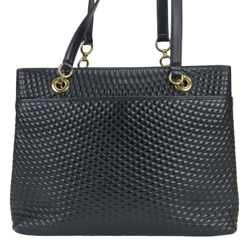 Used BALLY Tote Bag quilting leather black Chain