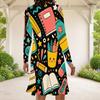 Women Plus Size Round Neck Long Sleeve Cartoon Excavator Printed A Line Flared Hem Dress