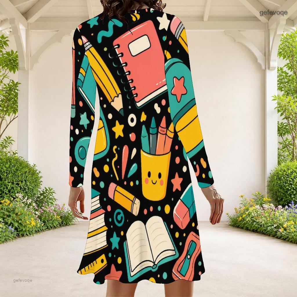 Women Plus Size Round Neck Long Sleeve Cartoon Excavator Printed A Line Flared Hem Dress