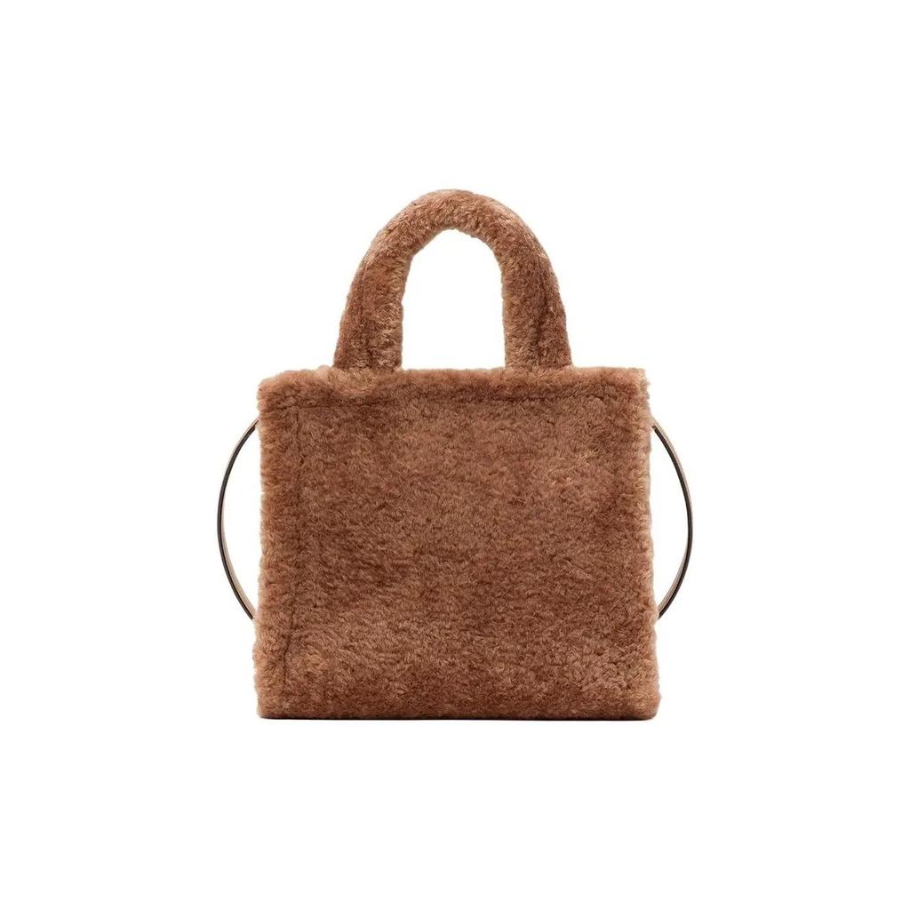 Kate's Belle Ellie Embroidered Brand Logo Magnetic Snap Closure Faux Fur Shopping Tote Shoulder Handbag Small Size Women's Light Tan