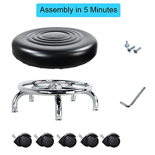 WKWKER Modern Round Stool with Wheels, PU Leather, 360° Rotating, Low Height 21.3cm, Suitable for Home, Garage, or Store (Black)