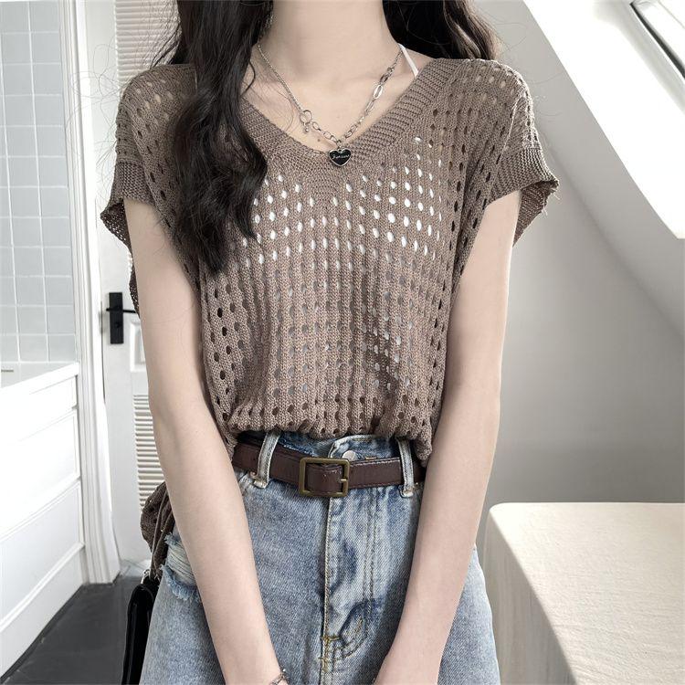 Hollow V-neck Ice Silk Knitted Shirt Short Sleeved T-shirt Women's Thin Collarbone Top Winter Year Sun Protection Cover