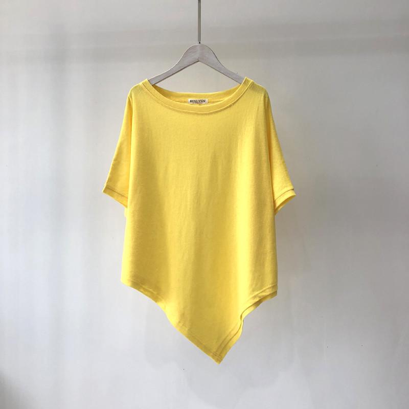 Solid Color Irregular Hem Cotton T-Shirt - Women's Loose Short Sleeve Round Neck Summer Top