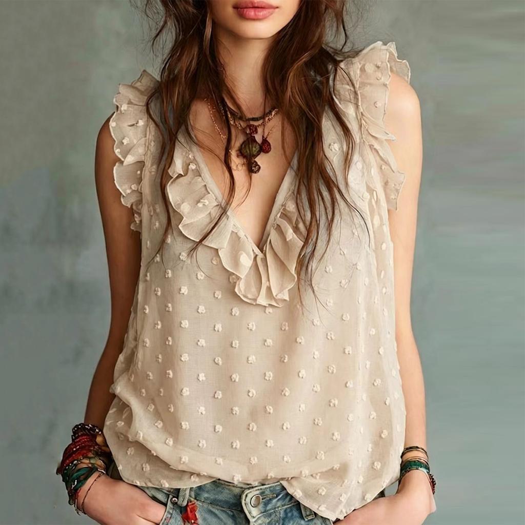 Women's Casual Sleeveless V-Neck Top with Ruffled Hem Color for Summer