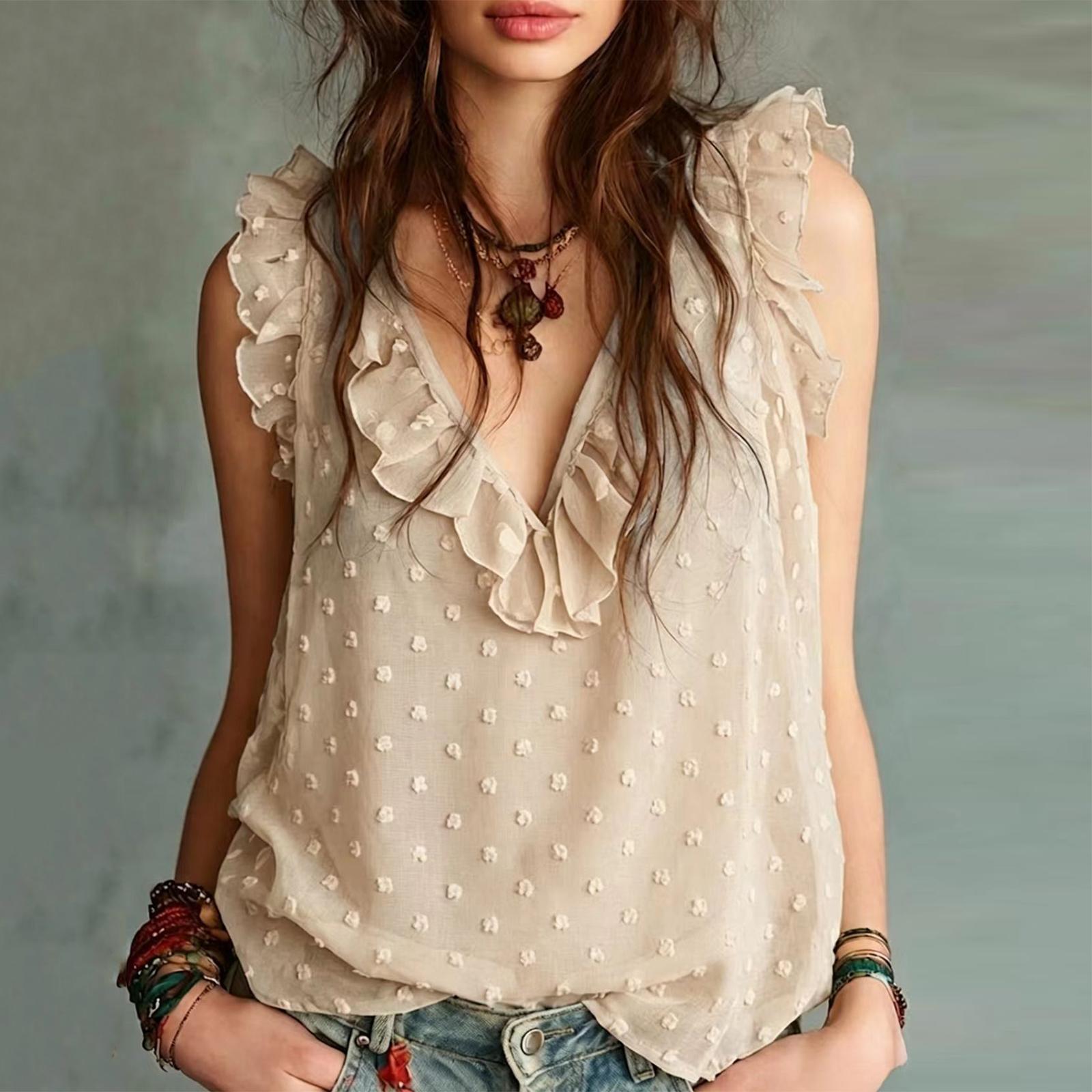 Women s Casual Sleeveless V-Neck Top with Ruffled Hem Color for Summer L