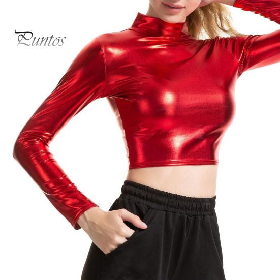 Lady Crop Top Women Club Half-high Collar Glossy Surface Skinny Waist-exposed Solid Color Soft Pullover Breathable Pole Dance Performance Party